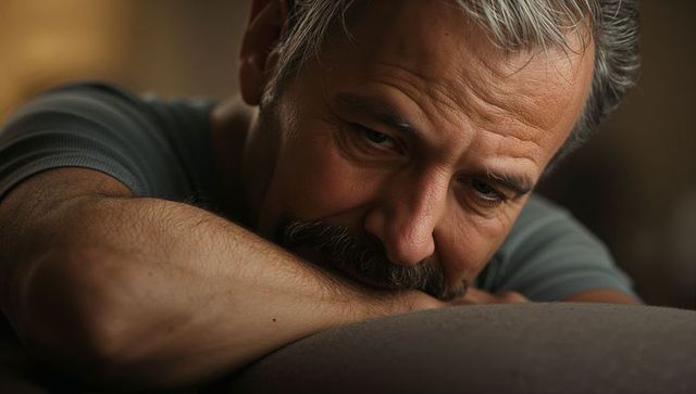 Contemplative middle-aged man resting on crossed forearms, intimate closeup, warm bokeh