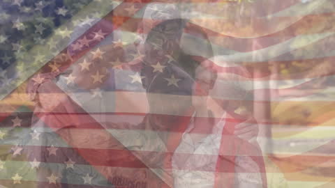 American Soldiers Embracing Family with Superimposed Flag