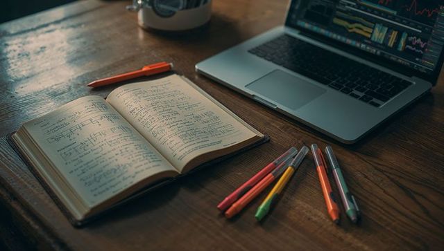 Creative Workspace with Open Notebook and Laptop