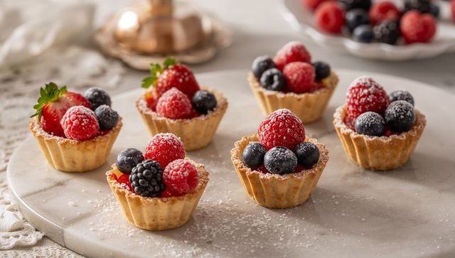 Assorted Berry Tartlets Dusting with Powdered Sugar on Marble Serving Board