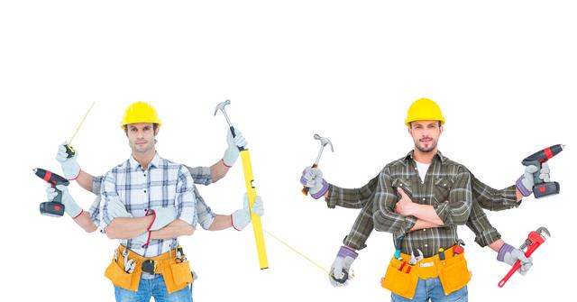 Digital composite of multitasking builders