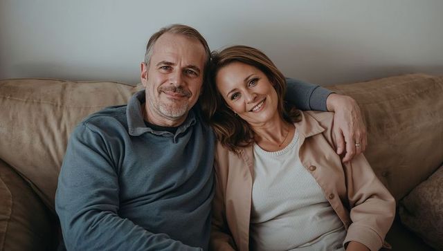Midlife couple cuddling on beige sofa at home, relaxed cozy intimacy and warmth