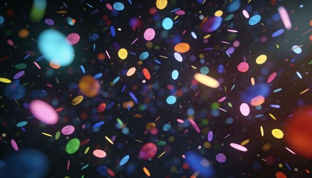 Swirling multicolor confetti particles forming deep layered orb field on dark background