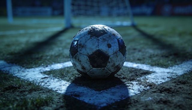 Resting scuffed muddy soccer ball on painted corner line under dramatic night floodlights