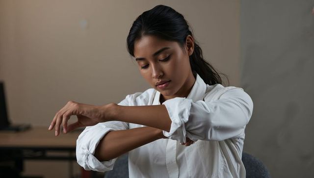 Asian professional rolling sleeve and adjusting white shirt in minimal office portrait