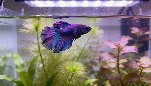 Iridescent purple-blue betta splendens swimming at water surface in planted aquarium
