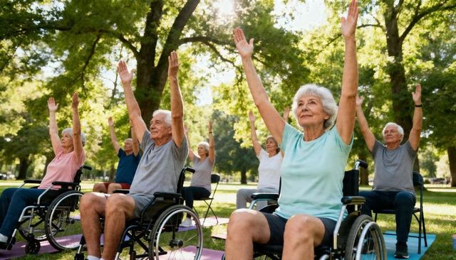 Senior wheelchair yoga group stretching outdoors in sunny park for mobility and wellness