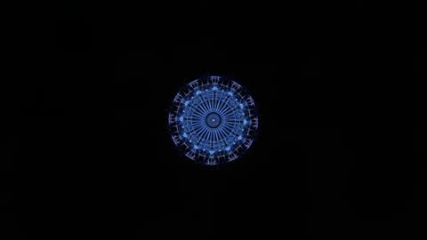 Rotating Neon Mandala Loop Pulsing with Shifting Glyphs and Brightening on Dark Display