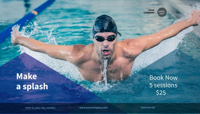 Male Swimmer Performing Butterfly Stroke in Pool with Promotional Offer - Download Free Stock Templates Pikwizard.com