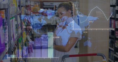 Caucasian Woman Analyzing Global Economic Data at Grocery Store