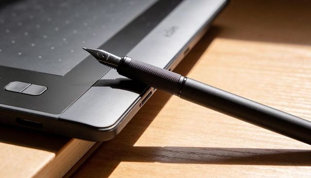 Black fountain pen resting on graphics tablet and notebook wooden desk closeup