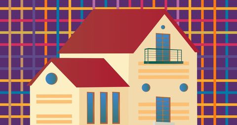 Illustrated family house on colorful geometric background