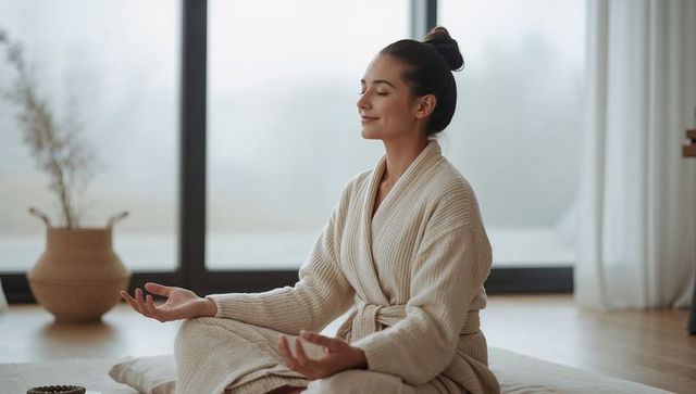 Woman meditating in cozy knit robe on floor cushion by large window, minimalist home calm