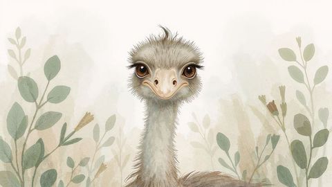 Whimsical ostrich in muted green watercolor painting