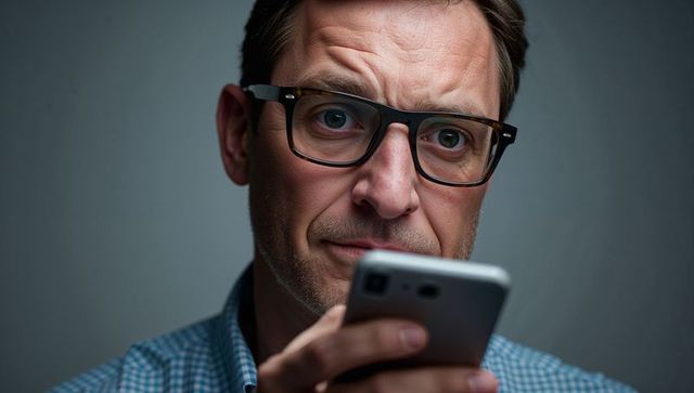 Middle-aged man reading smartphone with concerned expression, corporate headshot
