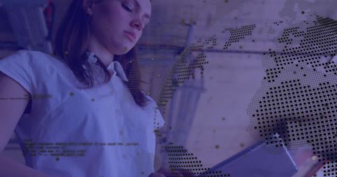 Businesswoman Using Tablet with Global Digital Interface Overlay