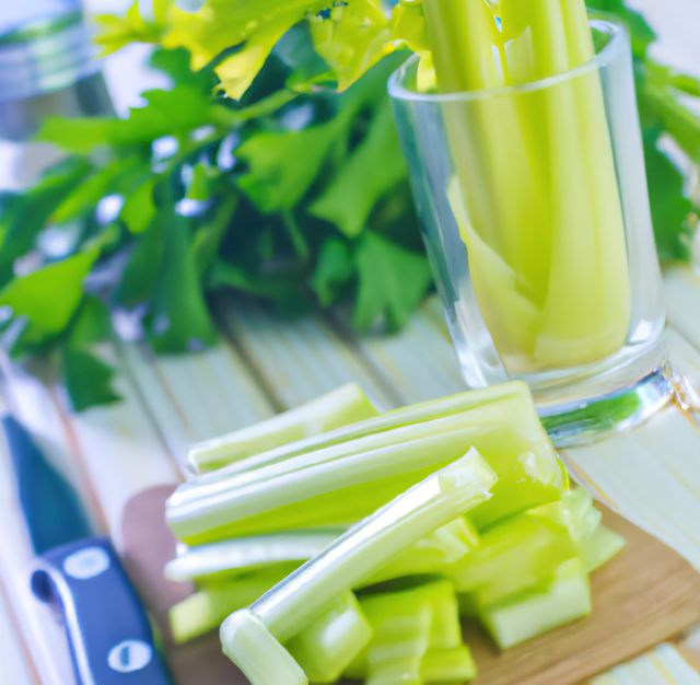 Fresh celery stalks placed on a chopping board with additional sticks in a glass. Ideal for use in food blogs, healthy eating articles, and recipe websites. Bright green color emphasizes health and organic fresh produce.