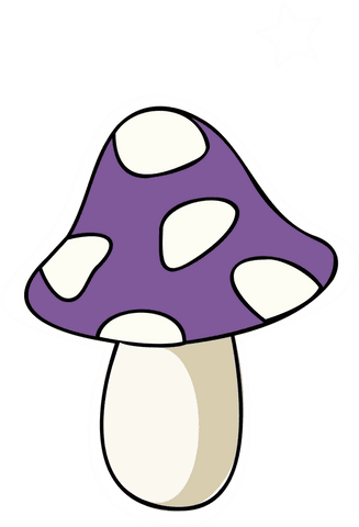Cartoon mushroom with purple-spotted cap and star on transparent background