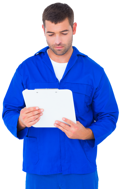 Transparent Image of Mechanic Reading Clipboard in Blue Uniform - Download Free Stock Videos Pikwizard.com