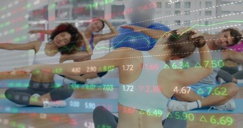 Leading instructor guiding diverse group through seated twists with stock market overlay