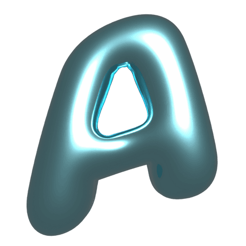 Transparent glossy inflatable letter a floating with chrome cutout and teal rim light