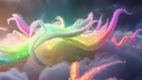 Colorful Particle Ribbons Weaving Above Mystical Clouds