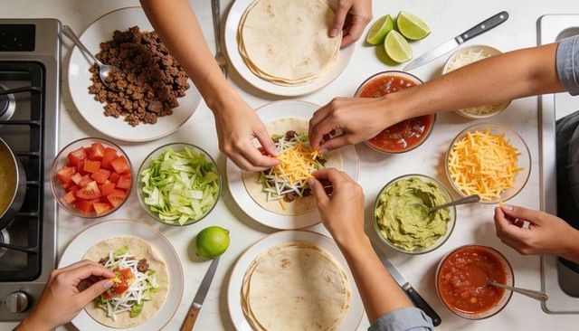 Hands assembling build-your-own tacos overhead, casual family taco night kitchen prep