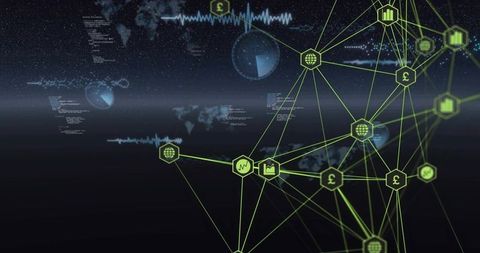 Glowing neon green network graph showing financial data links with hex icons HUD topology