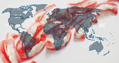 Global confectionery data visualization overlaying world map on twisted red-white candy