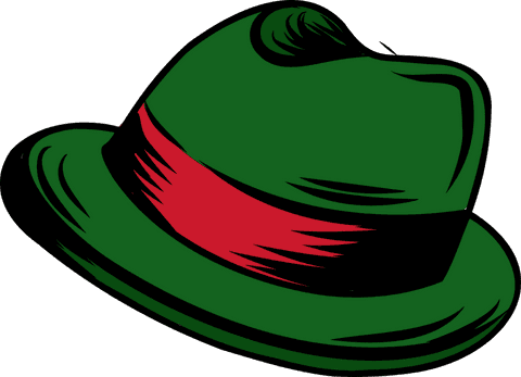 Whimsical green fedora hat cartoon with red ribbon on transparent