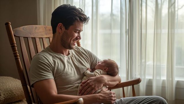 Young father cradling sleeping newborn in rocking chair near sunlit window