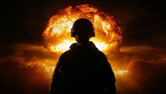 Silhouette of soldier and explosive mushroom cloud in battlefield