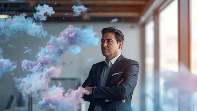 Executive contemplating pastel vapor cloud in modern glass office, arms crossed, confident