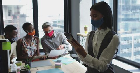 Business Team Wearing Masks Collaborating in Modern Office - Download Free Stock Images Pikwizard.com