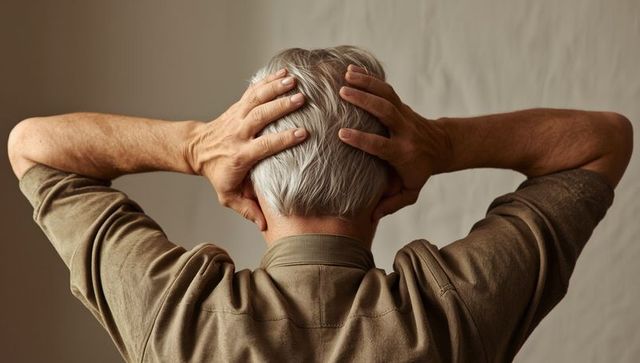 Rear View of Senior Man Contemplating with Hands on Head