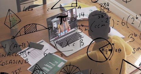 Businesswoman on Virtual Meeting with Mathematical Graphics Overlay