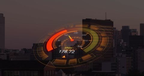 Orange Speedometer Over Cityscape Highlights Internet Speed - Download Free Stock Images Pikwizard.com