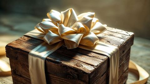 Rustic wooden gift box adorned with cream satin bow