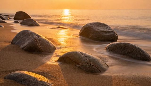 Sunset glow on rocky shoreline with smooth boulders and golden wet sand reflections