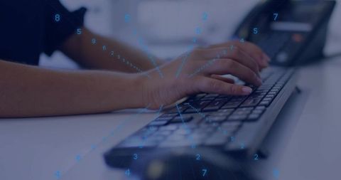 Female Hands Typing on Keyboard with Blue Data Overlay Representing Digital Workflow