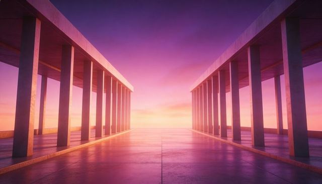 Sunset colonnade corridor leading to horizon, reflective tiles and dramatic symmetry