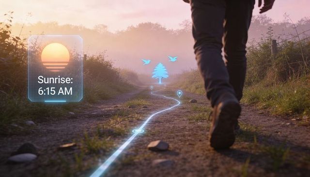 Hiker following augmented reality trail at misty sunrise for futuristic outdoor navigation