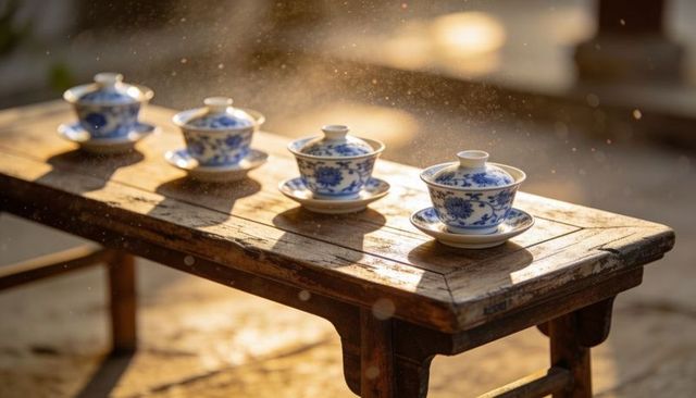 Sunlit blue-and-white gaiwan quartet on rustic wooden bench with dust particles and warm bokeh