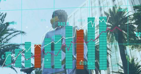 Urban cyclist commuting with bike under financial data charts overlay for business growth