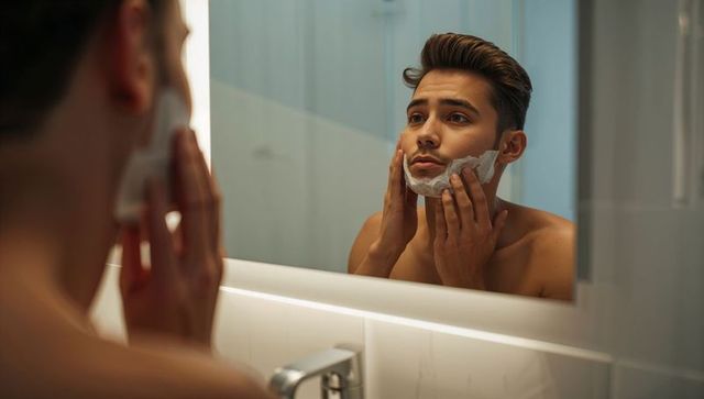 Shirtless man applying shaving foam at bathroom mirror preparing morning grooming routine