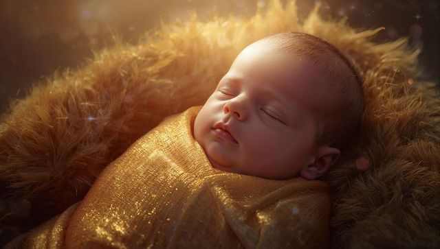 Peaceful Newborn Sleeping in Golden Swaddle