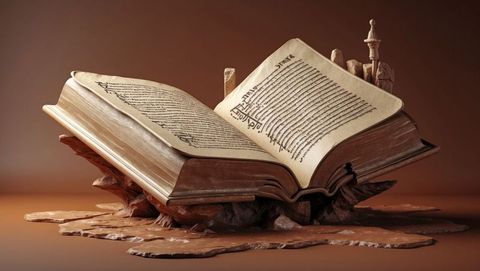 Ancient Open Book Displayed on Ornate Stand in Warm Amber Glow
