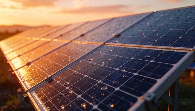 Glinting solar panels reflecting golden sunset on dewy rural photovoltaic array at dusk