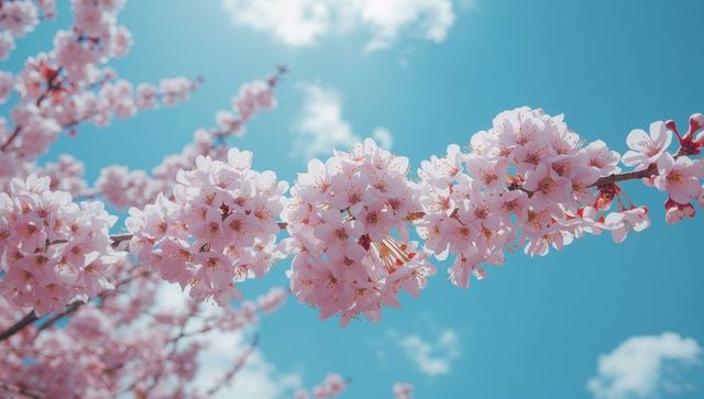 Vibrant Cherry Blossoms Under Blue Sky in Springtime