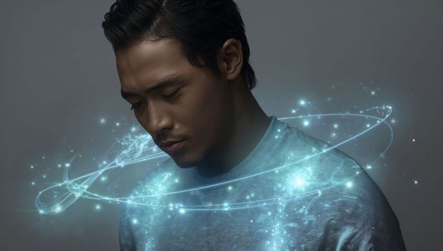 Gazing asian man wearing gray crewneck surrounded by futuristic glowing blue particle ring